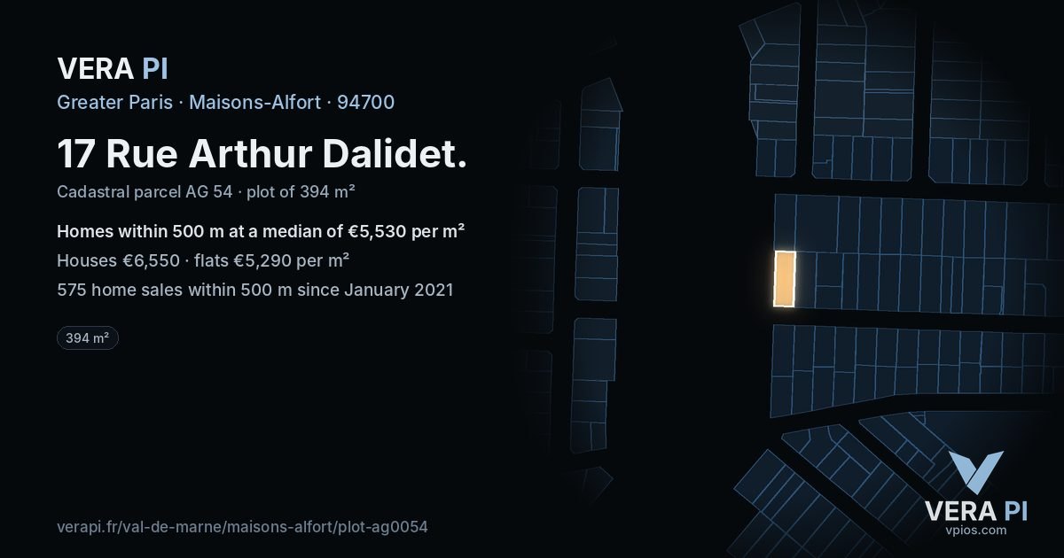 17 Rue Arthur Dalidet, Maisons-Alfort at night – the plot lit, the parcels around coloured by the prices near them