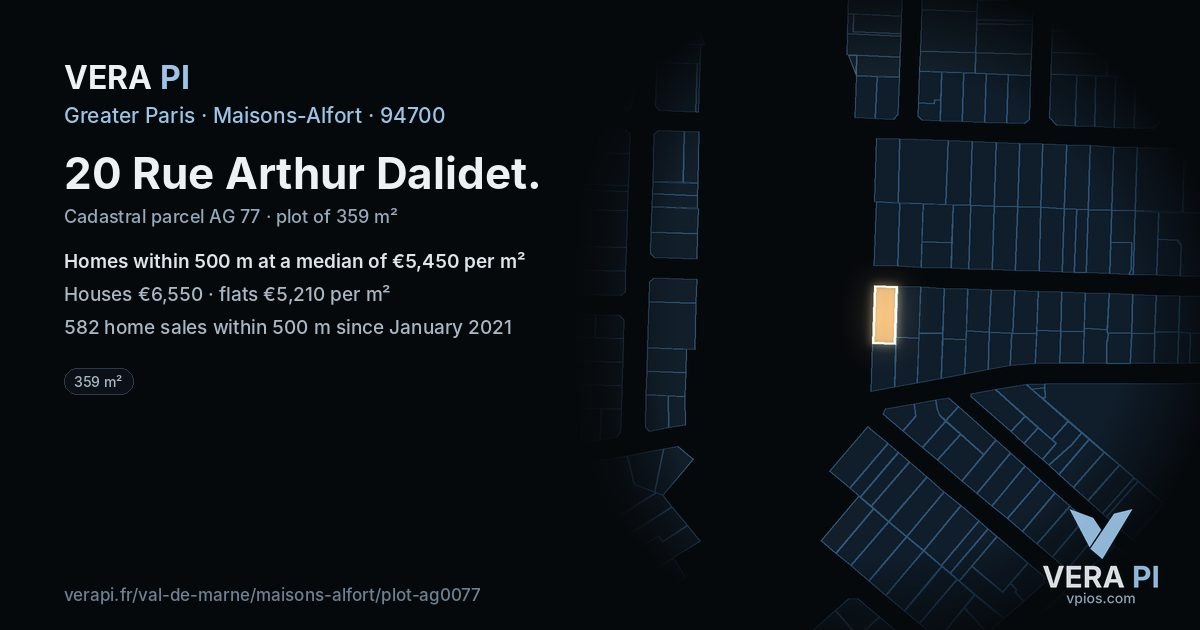 20 Rue Arthur Dalidet, Maisons-Alfort at night – the plot lit, the parcels around coloured by the prices near them