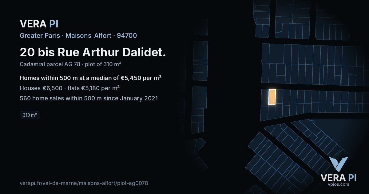 20 bis Rue Arthur Dalidet, Maisons-Alfort at night – the plot lit, the parcels around coloured by the prices near them
