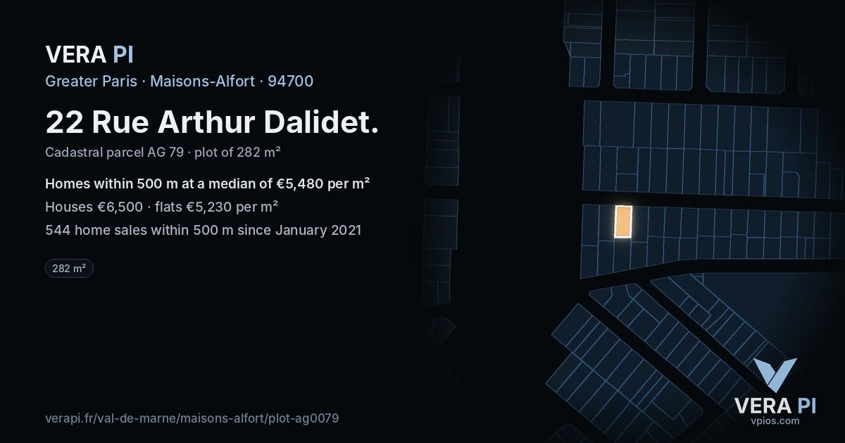 22 Rue Arthur Dalidet, Maisons-Alfort at night – the plot lit, the parcels around coloured by the prices near them
