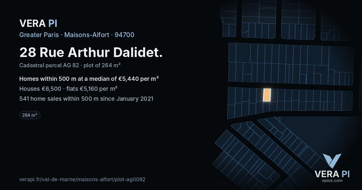 28 Rue Arthur Dalidet, Maisons-Alfort at night – the plot lit, the parcels around coloured by the prices near them