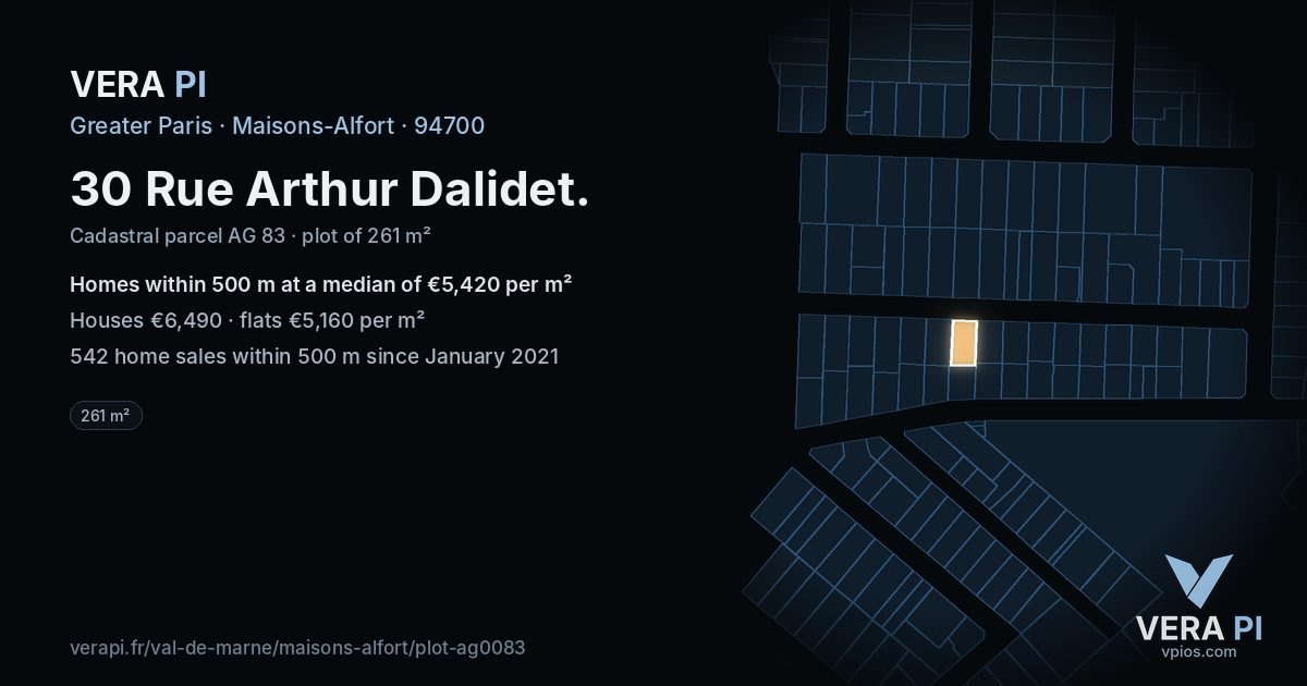 30 Rue Arthur Dalidet, Maisons-Alfort at night – the plot lit, the parcels around coloured by the prices near them