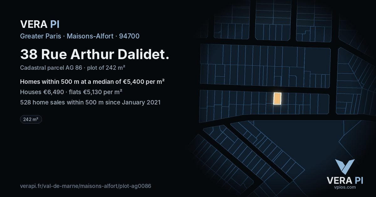 38 Rue Arthur Dalidet, Maisons-Alfort at night – the plot lit, the parcels around coloured by the prices near them