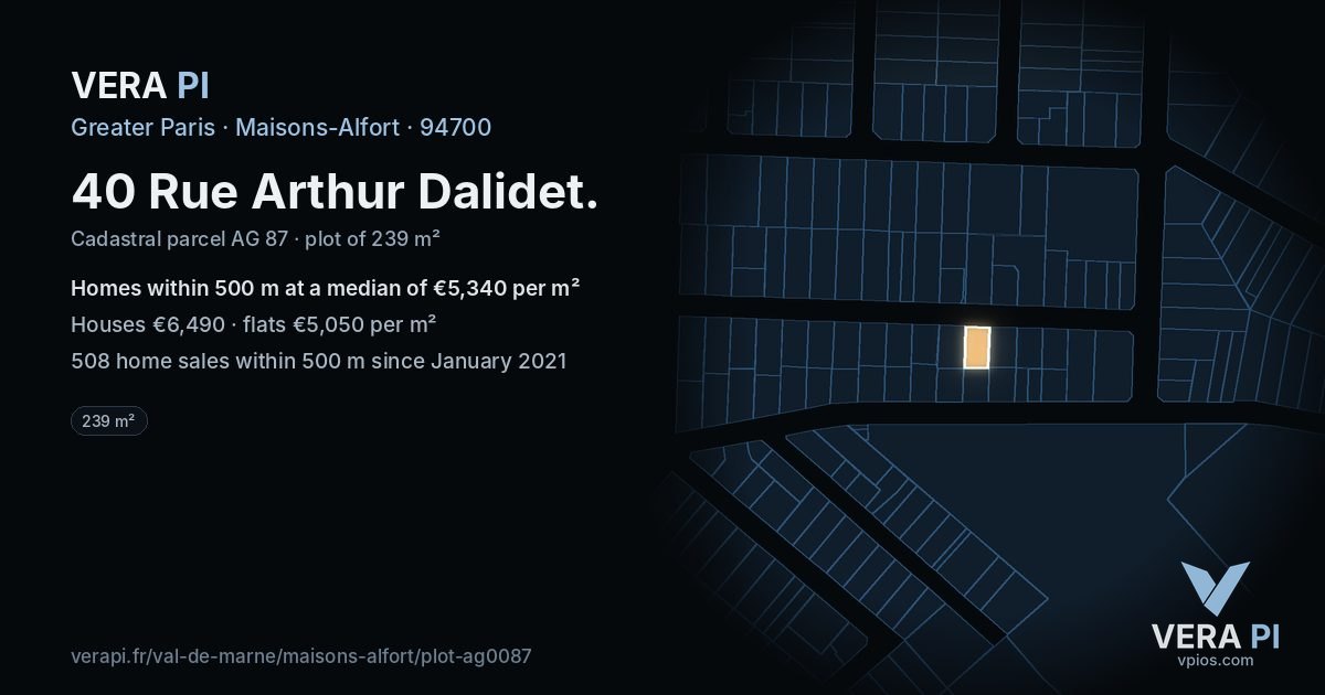 40 Rue Arthur Dalidet, Maisons-Alfort at night – the plot lit, the parcels around coloured by the prices near them