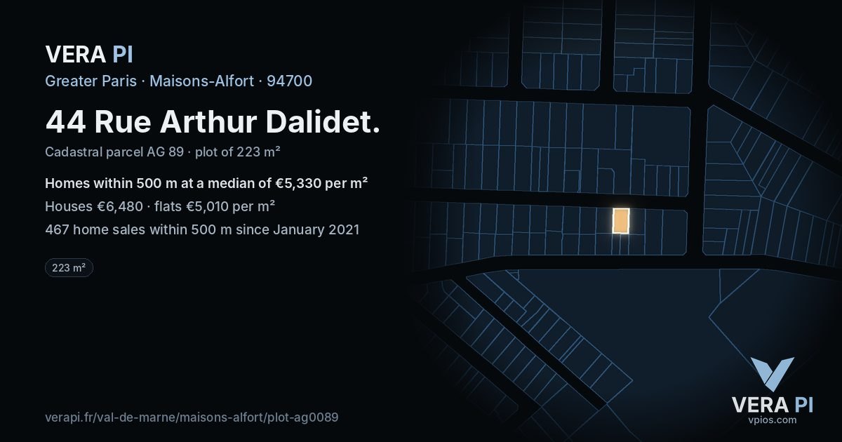 44 Rue Arthur Dalidet, Maisons-Alfort at night – the plot lit, the parcels around coloured by the prices near them