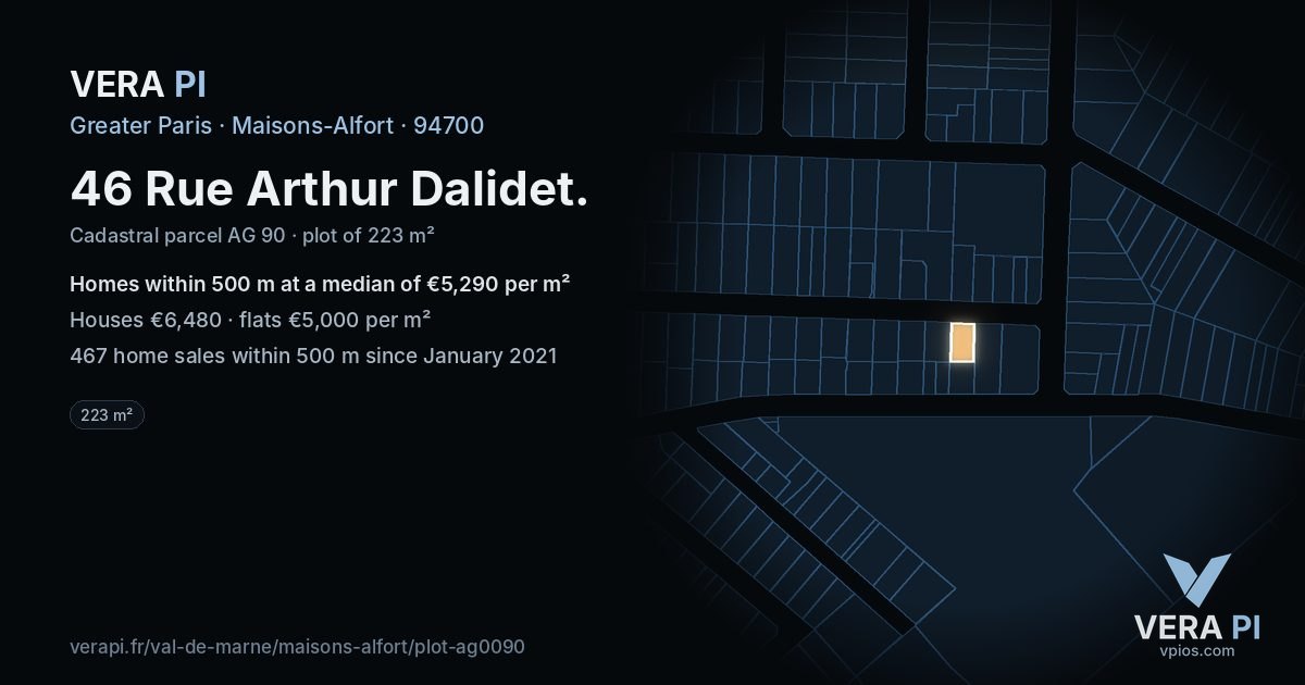46 Rue Arthur Dalidet, Maisons-Alfort at night – the plot lit, the parcels around coloured by the prices near them