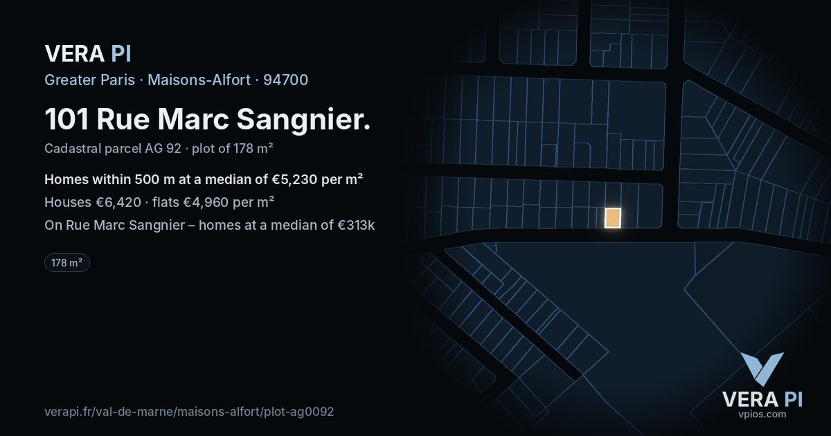 101 Rue Marc Sangnier, Maisons-Alfort at night – the plot lit, the parcels around coloured by the prices near them