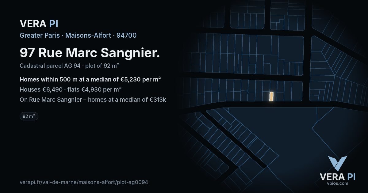 97 Rue Marc Sangnier, Maisons-Alfort at night – the plot lit, the parcels around coloured by the prices near them