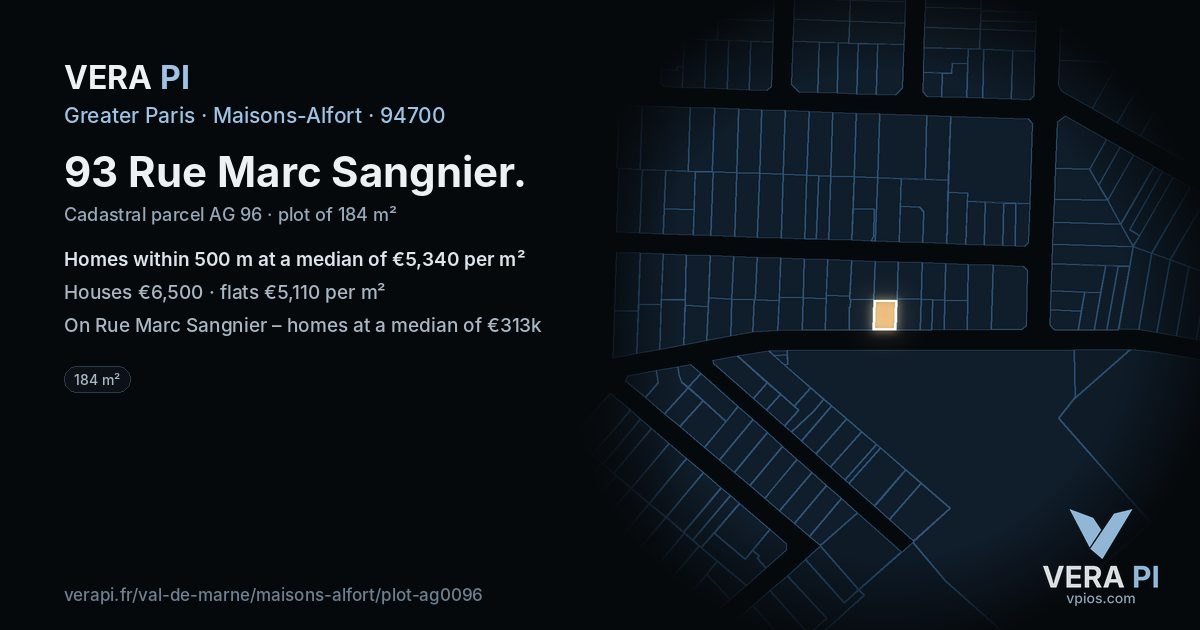 93 Rue Marc Sangnier, Maisons-Alfort at night – the plot lit, the parcels around coloured by the prices near them