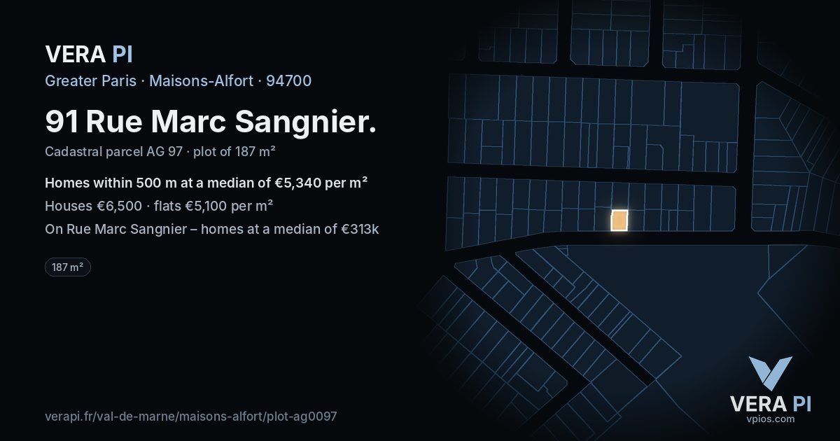 91 Rue Marc Sangnier, Maisons-Alfort at night – the plot lit, the parcels around coloured by the prices near them