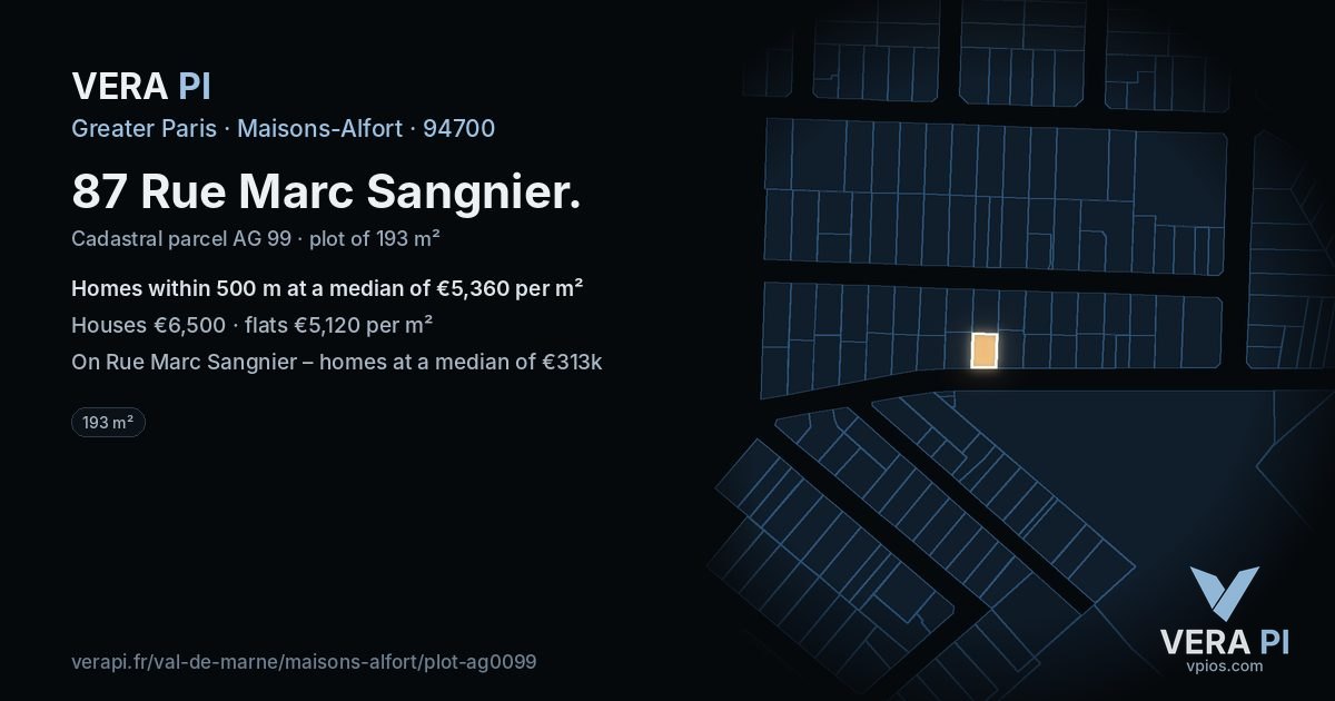 87 Rue Marc Sangnier, Maisons-Alfort at night – the plot lit, the parcels around coloured by the prices near them