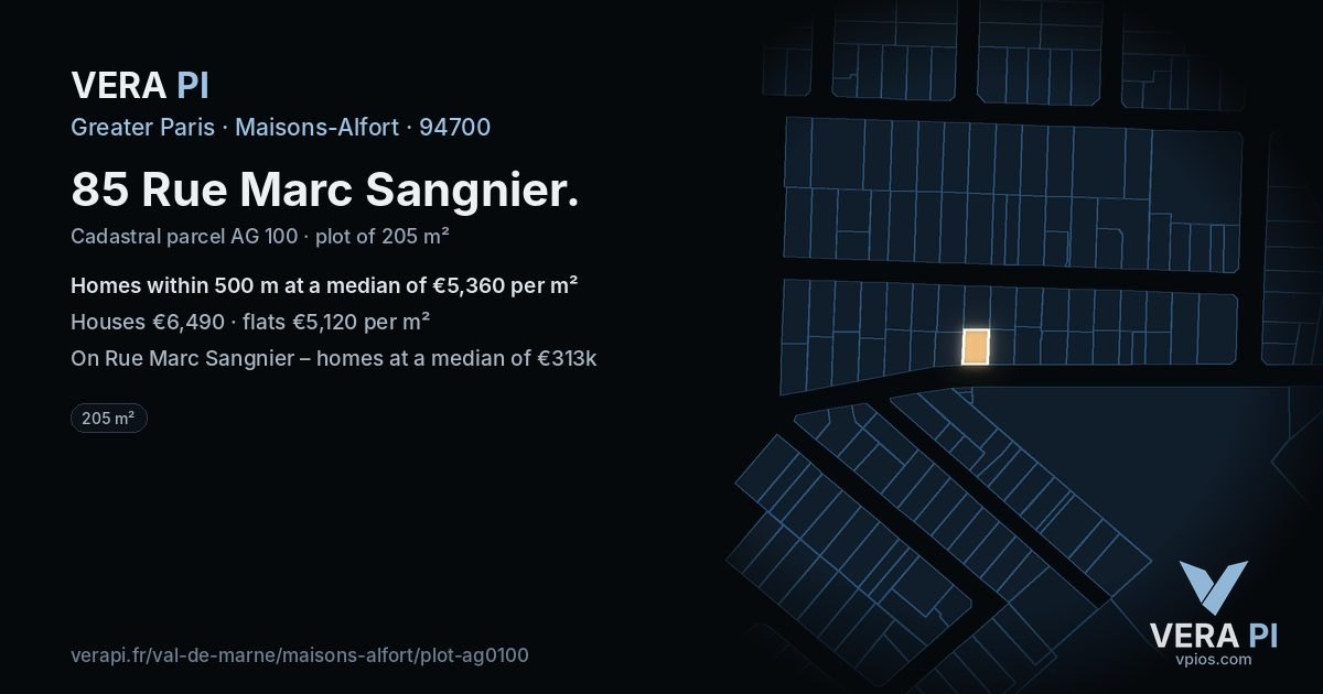 85 Rue Marc Sangnier, Maisons-Alfort at night – the plot lit, the parcels around coloured by the prices near them