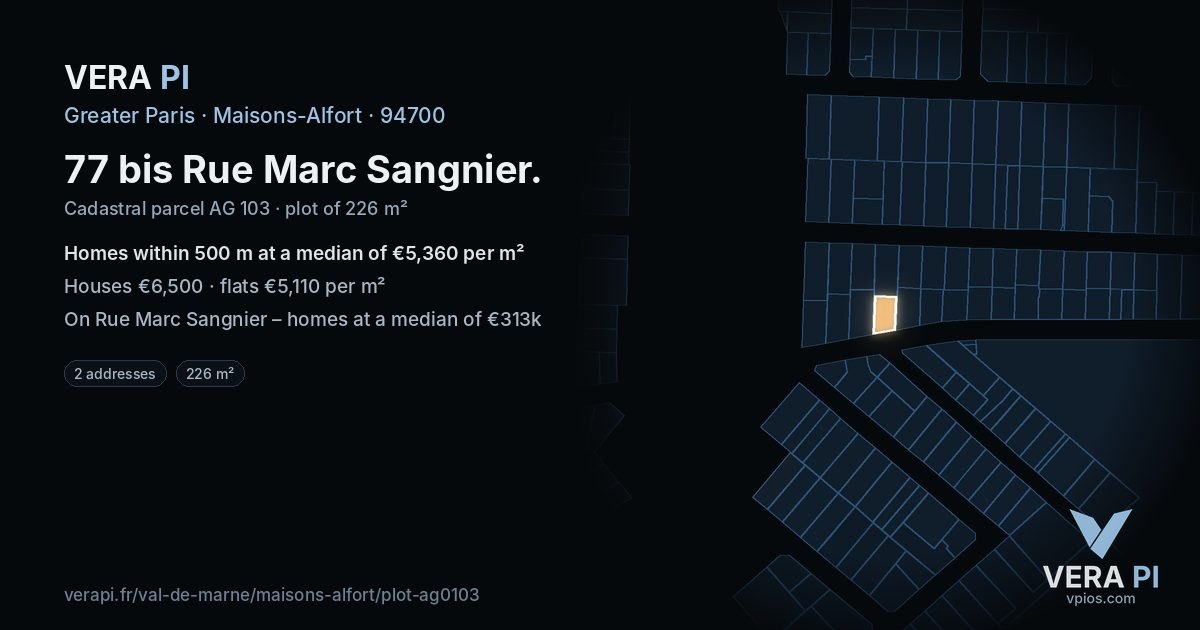 77 bis Rue Marc Sangnier, Maisons-Alfort at night – the plot lit, the parcels around coloured by the prices near them