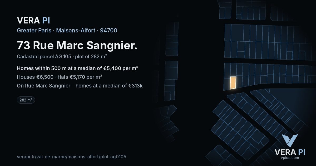 73 Rue Marc Sangnier, Maisons-Alfort at night – the plot lit, the parcels around coloured by the prices near them
