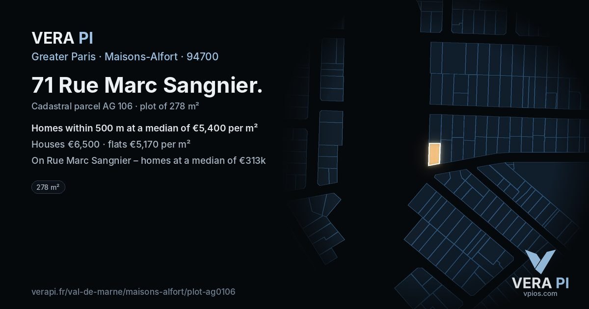 71 Rue Marc Sangnier, Maisons-Alfort at night – the plot lit, the parcels around coloured by the prices near them