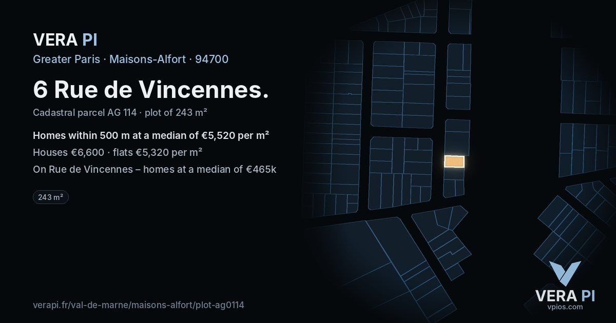 6 Rue de Vincennes, Maisons-Alfort at night – the plot lit, the parcels around coloured by the prices near them