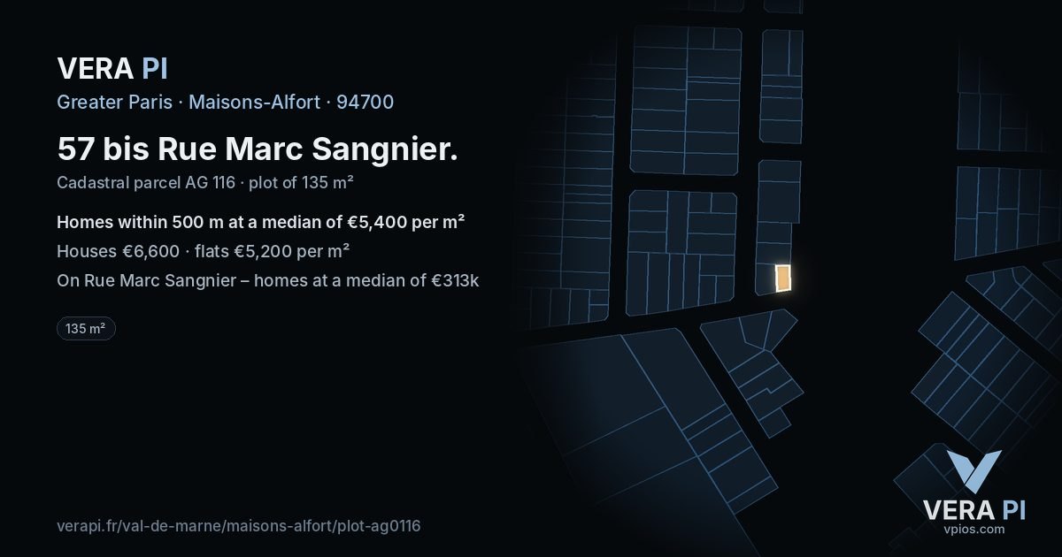 57 bis Rue Marc Sangnier, Maisons-Alfort at night – the plot lit, the parcels around coloured by the prices near them