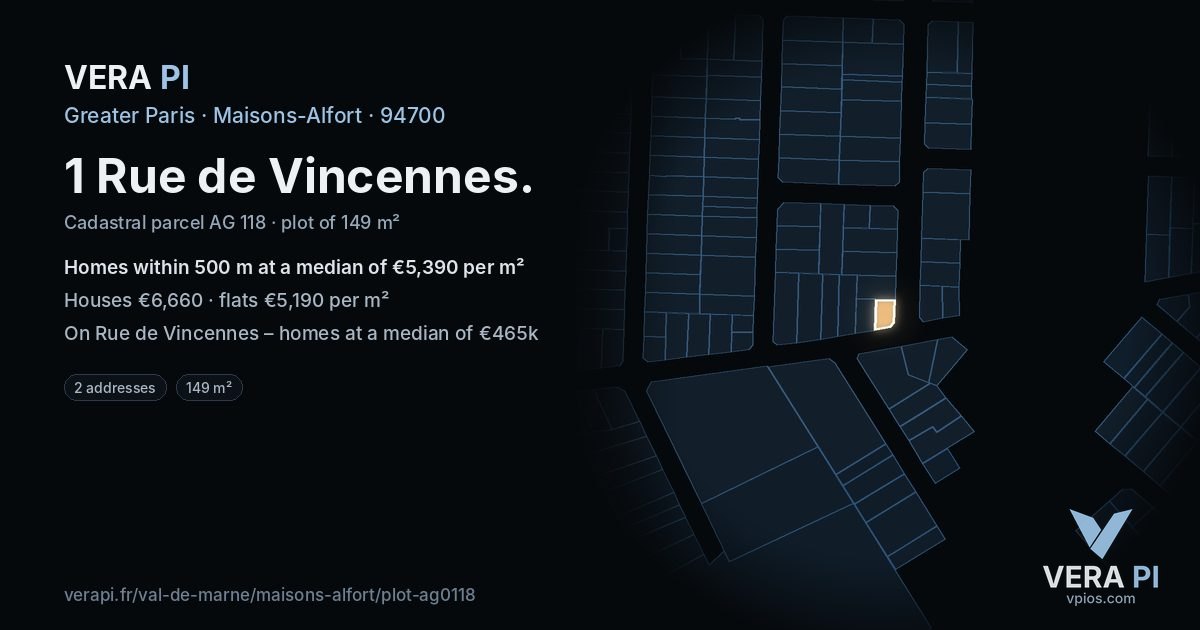 1 Rue de Vincennes, Maisons-Alfort at night – the plot lit, the parcels around coloured by the prices near them