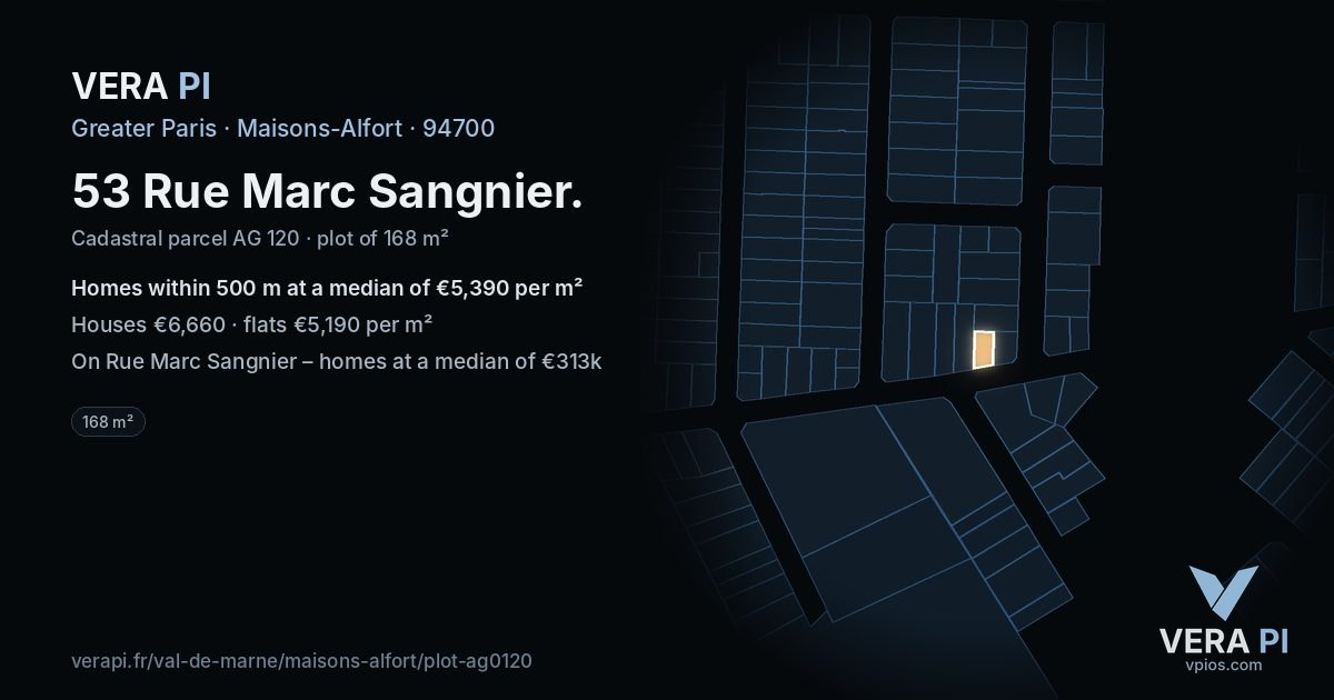 53 Rue Marc Sangnier, Maisons-Alfort at night – the plot lit, the parcels around coloured by the prices near them