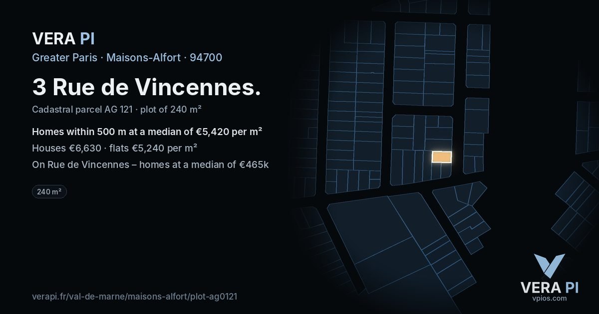 3 Rue de Vincennes, Maisons-Alfort at night – the plot lit, the parcels around coloured by the prices near them