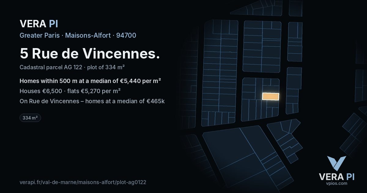 5 Rue de Vincennes, Maisons-Alfort at night – the plot lit, the parcels around coloured by the prices near them