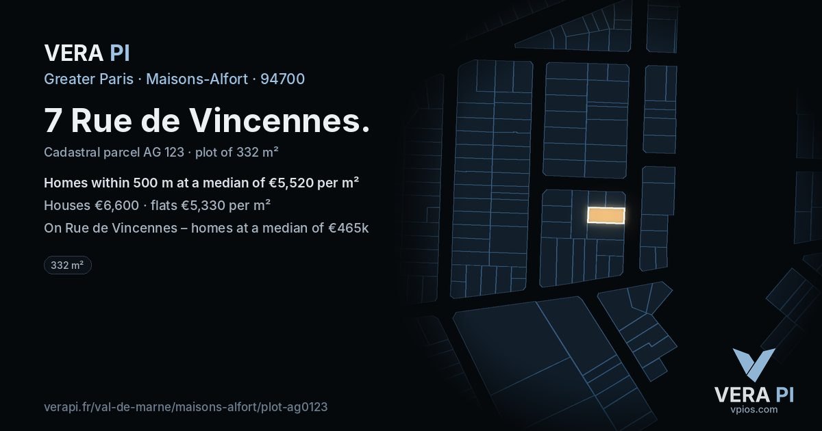 7 Rue de Vincennes, Maisons-Alfort at night – the plot lit, the parcels around coloured by the prices near them