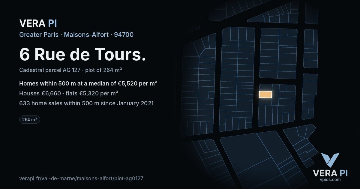 6 Rue de Tours, Maisons-Alfort at night – the plot lit, the parcels around coloured by the prices near them