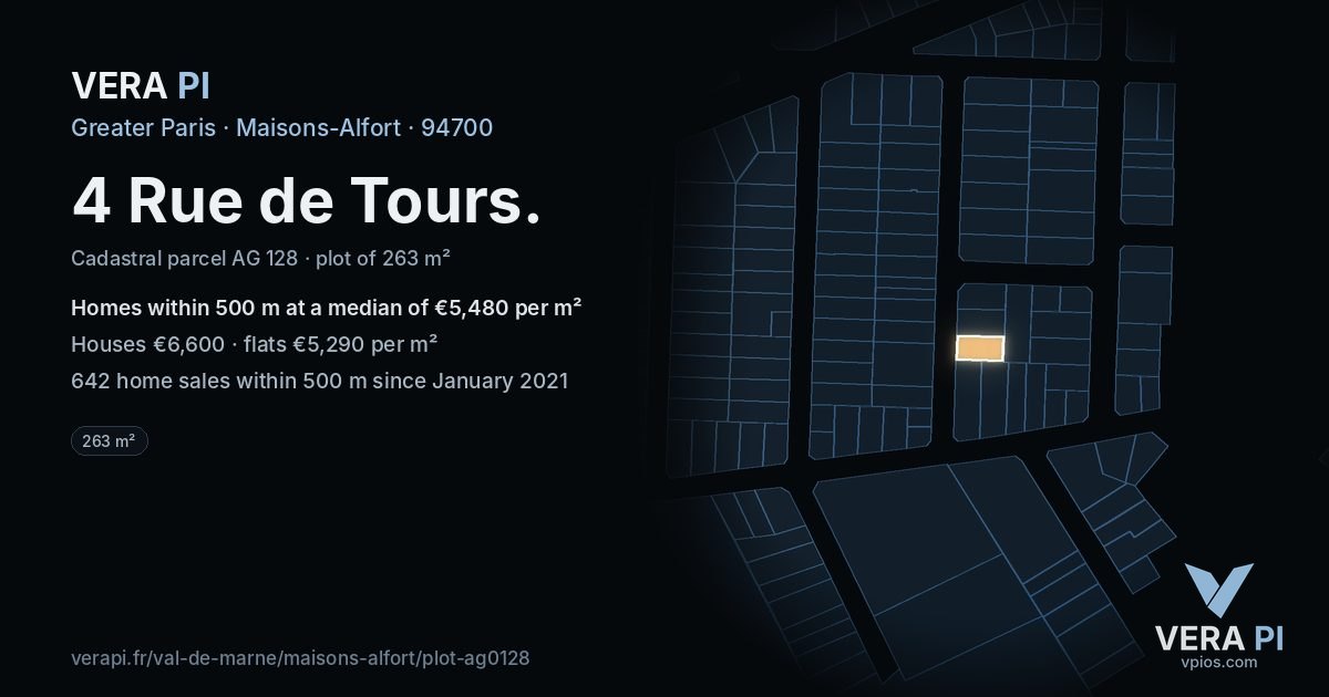 4 Rue de Tours, Maisons-Alfort at night – the plot lit, the parcels around coloured by the prices near them