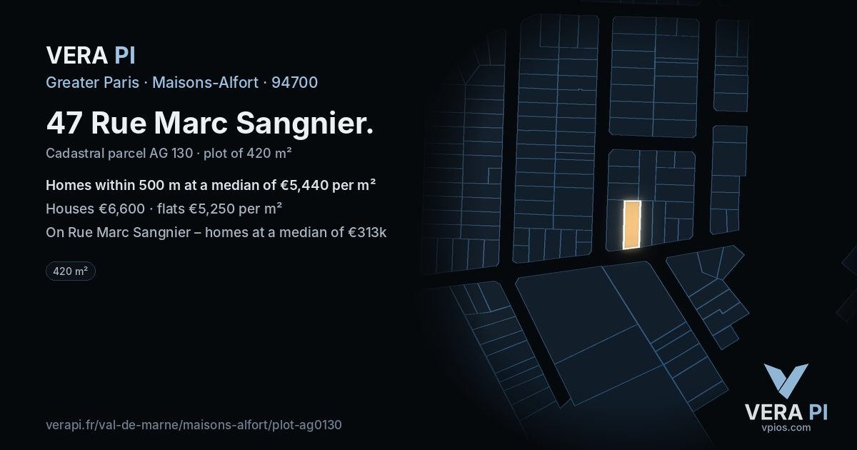 47 Rue Marc Sangnier, Maisons-Alfort at night – the plot lit, the parcels around coloured by the prices near them