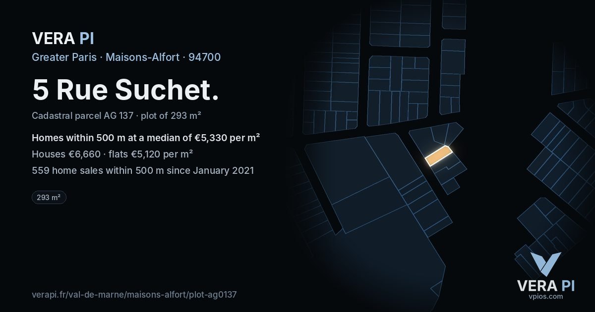5 Rue Suchet, Maisons-Alfort at night – the plot lit, the parcels around coloured by the prices near them