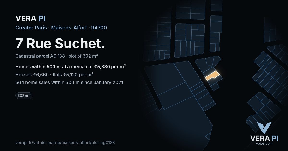 7 Rue Suchet, Maisons-Alfort at night – the plot lit, the parcels around coloured by the prices near them