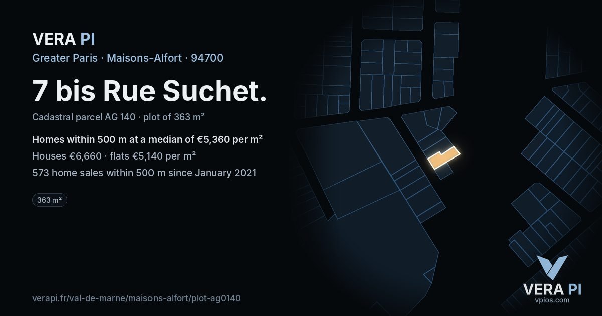 7 bis Rue Suchet, Maisons-Alfort at night – the plot lit, the parcels around coloured by the prices near them