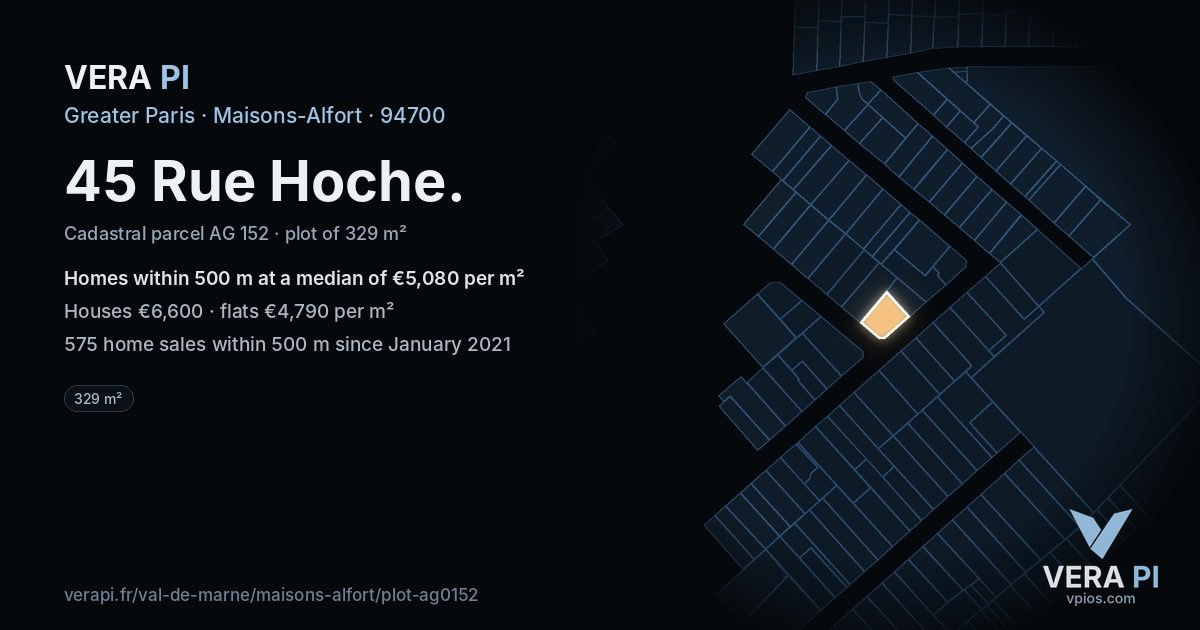 45 Rue Hoche, Maisons-Alfort at night – the plot lit, the parcels around coloured by the prices near them
