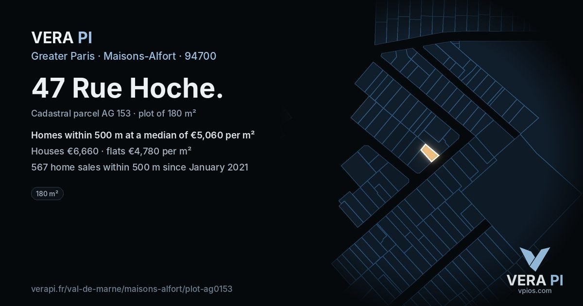 47 Rue Hoche, Maisons-Alfort at night – the plot lit, the parcels around coloured by the prices near them