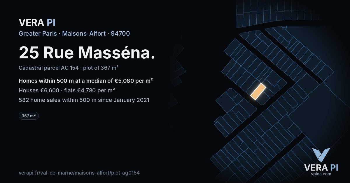 25 Rue Masséna, Maisons-Alfort at night – the plot lit, the parcels around coloured by the prices near them
