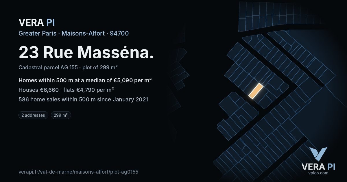 23 Rue Masséna, Maisons-Alfort at night – the plot lit, the parcels around coloured by the prices near them