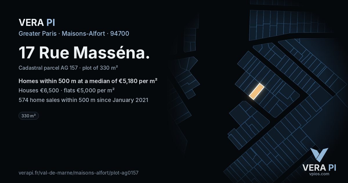 17 Rue Masséna, Maisons-Alfort at night – the plot lit, the parcels around coloured by the prices near them