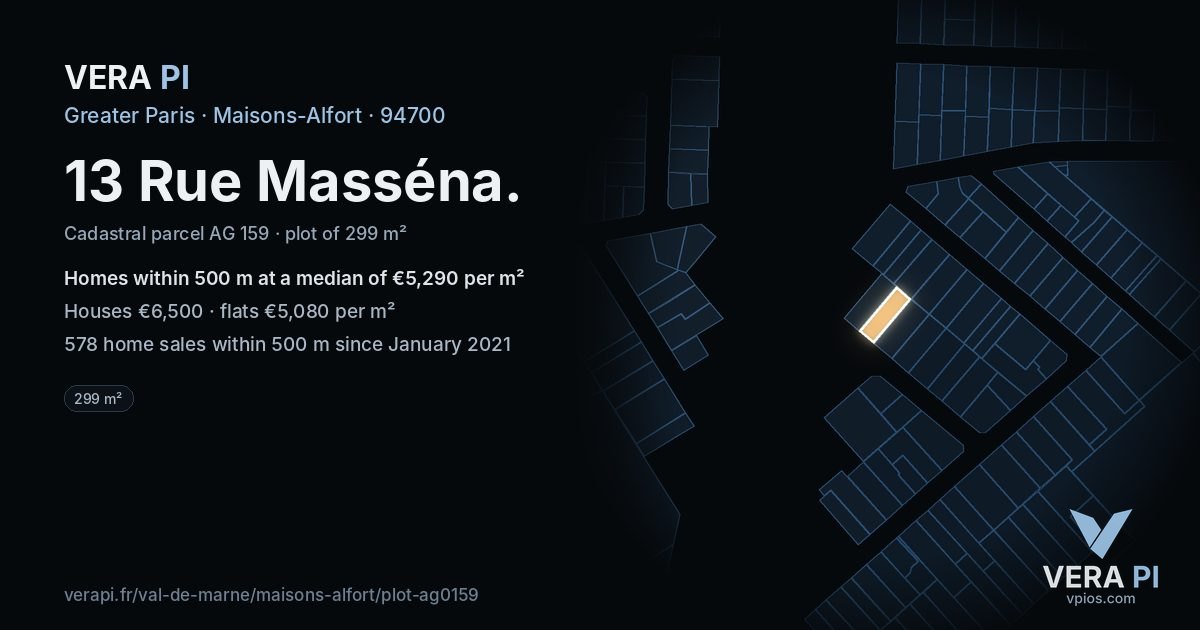 13 Rue Masséna, Maisons-Alfort at night – the plot lit, the parcels around coloured by the prices near them