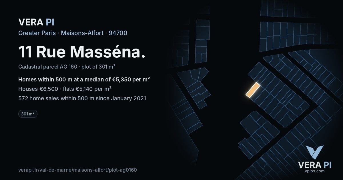 11 Rue Masséna, Maisons-Alfort at night – the plot lit, the parcels around coloured by the prices near them