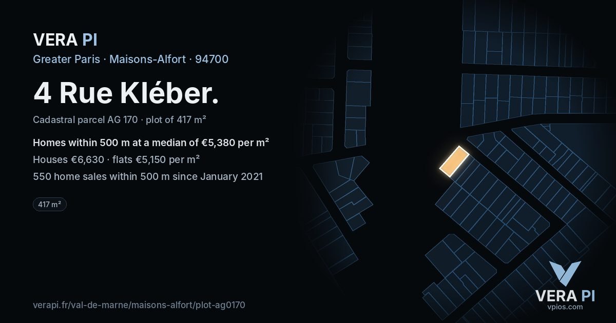 4 Rue Kléber, Maisons-Alfort at night – the plot lit, the parcels around coloured by the prices near them