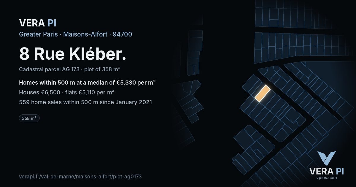8 Rue Kléber, Maisons-Alfort at night – the plot lit, the parcels around coloured by the prices near them