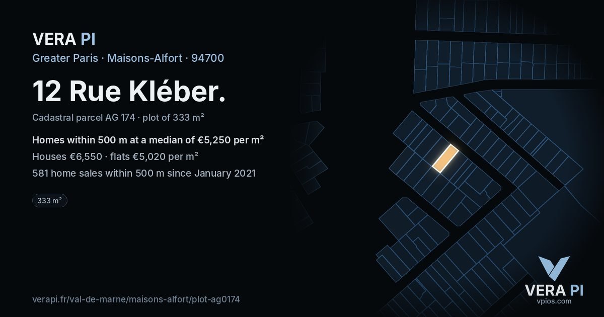 12 Rue Kléber, Maisons-Alfort at night – the plot lit, the parcels around coloured by the prices near them