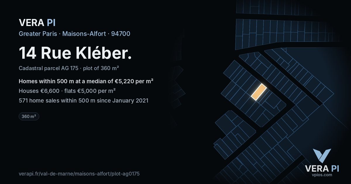 14 Rue Kléber, Maisons-Alfort at night – the plot lit, the parcels around coloured by the prices near them