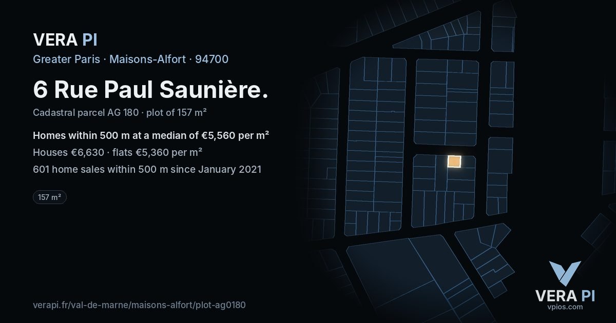 6 Rue Paul Saunière, Maisons-Alfort at night – the plot lit, the parcels around coloured by the prices near them
