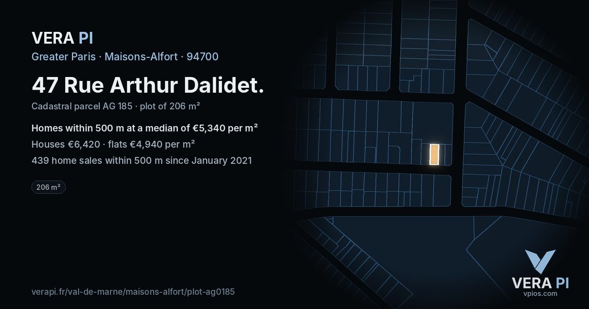 47 Rue Arthur Dalidet, Maisons-Alfort at night – the plot lit, the parcels around coloured by the prices near them