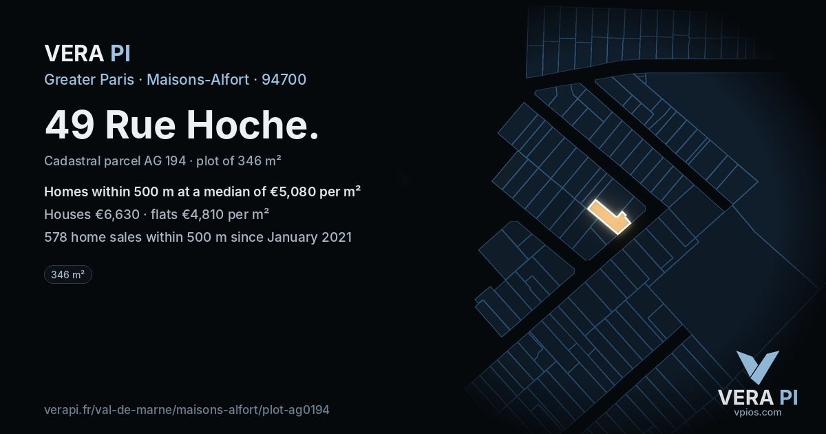 49 Rue Hoche, Maisons-Alfort at night – the plot lit, the parcels around coloured by the prices near them