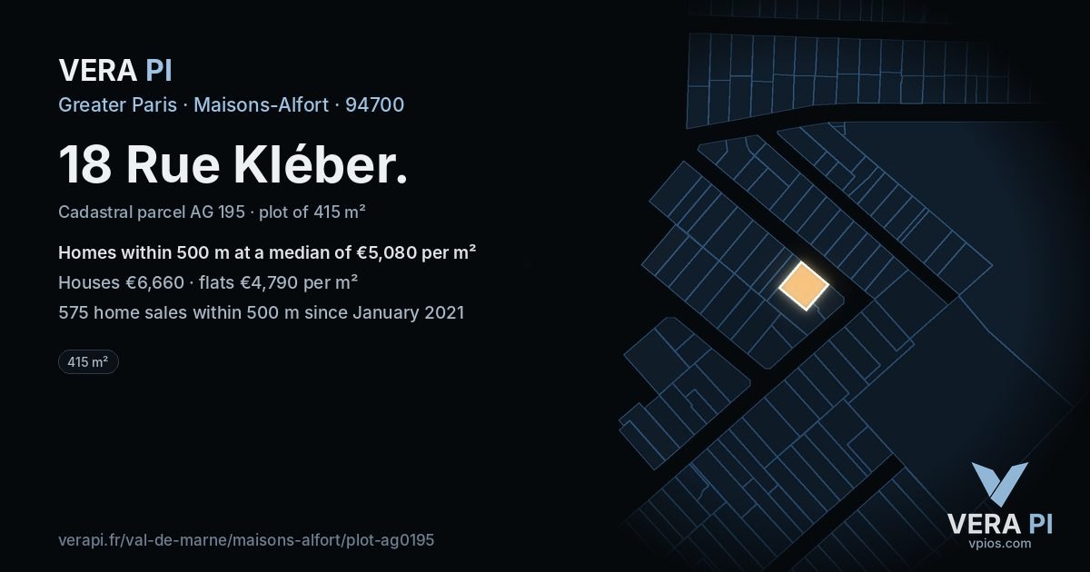 18 Rue Kléber, Maisons-Alfort at night – the plot lit, the parcels around coloured by the prices near them