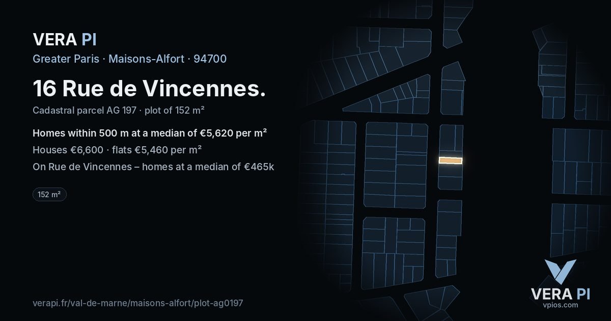 16 Rue de Vincennes, Maisons-Alfort at night – the plot lit, the parcels around coloured by the prices near them