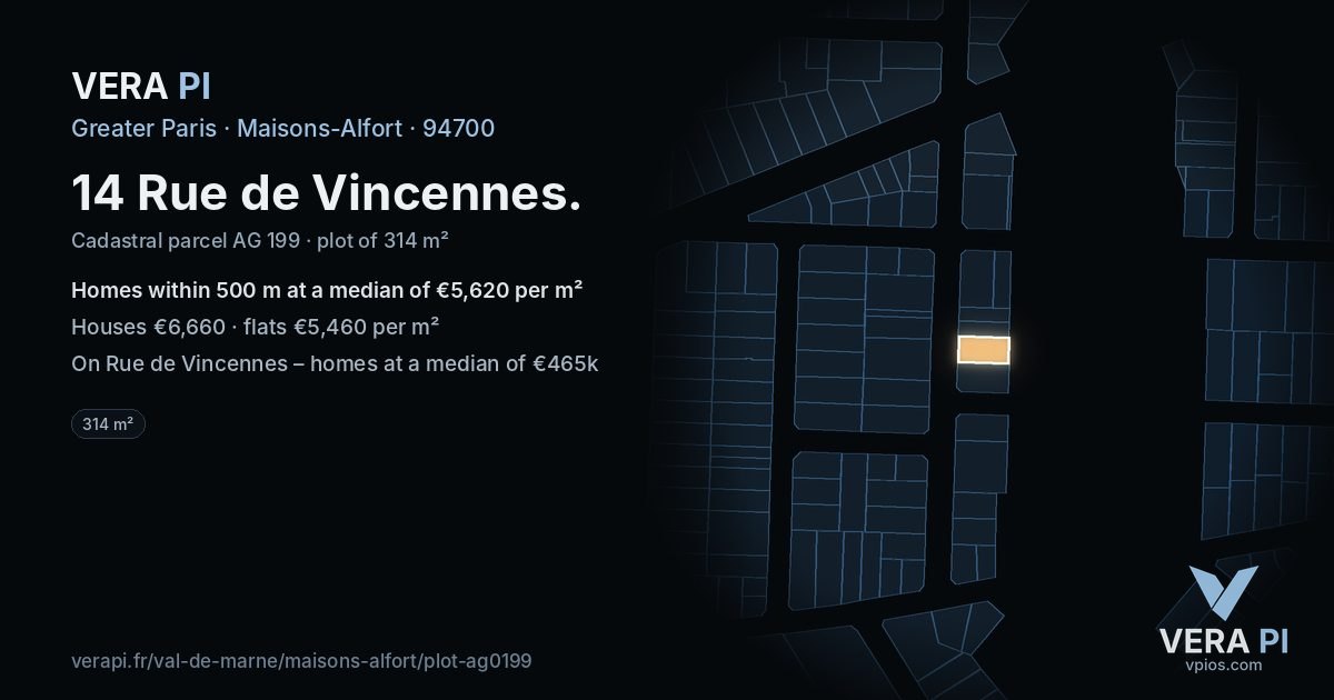 14 Rue de Vincennes, Maisons-Alfort at night – the plot lit, the parcels around coloured by the prices near them