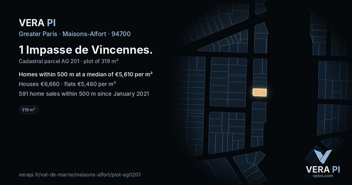 1 Impasse de Vincennes, Maisons-Alfort at night – the plot lit, the parcels around coloured by the prices near them